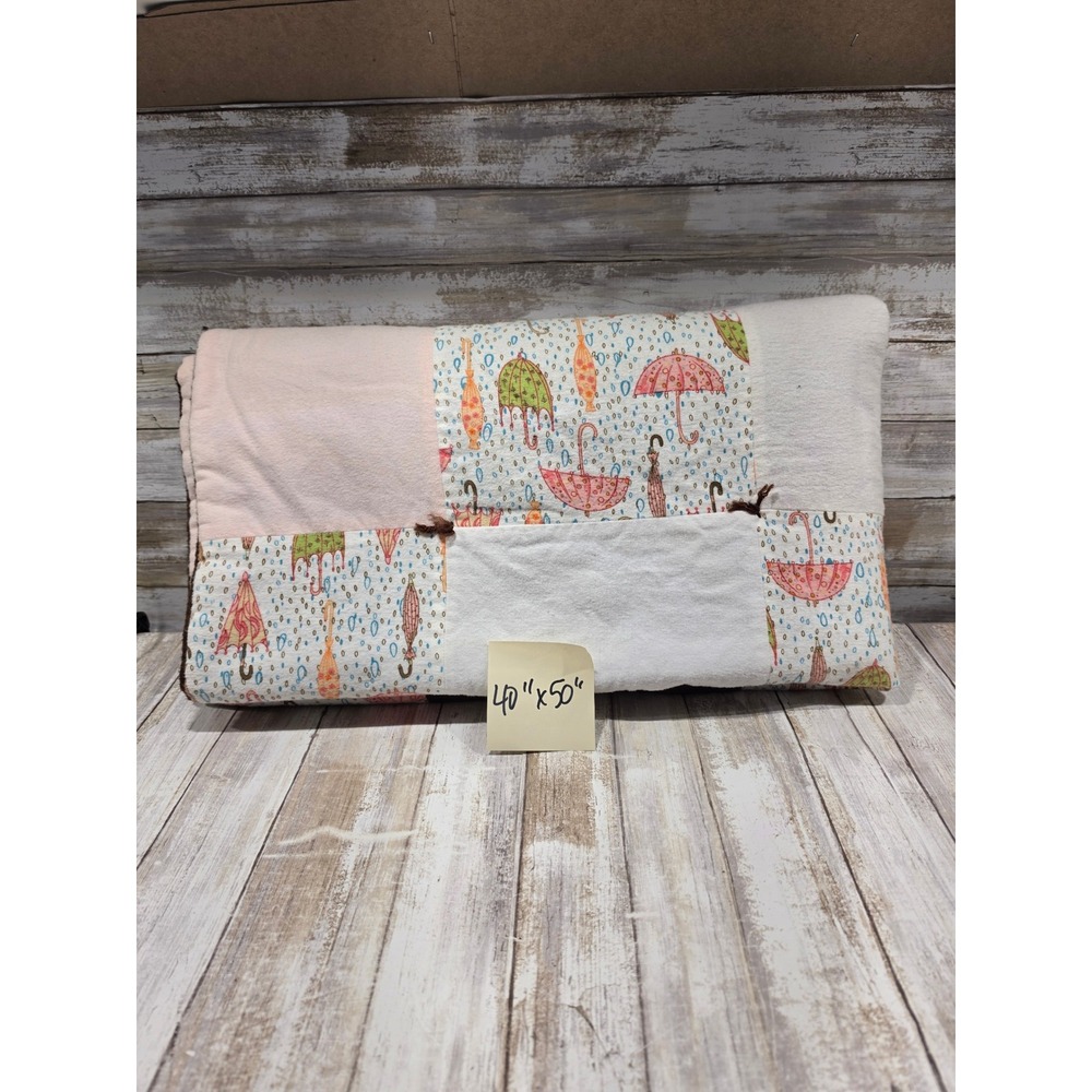 Handmade Patchwork Baby Quilt Umbrella Raindrop Print Fleece Flannel 40x50 Brown